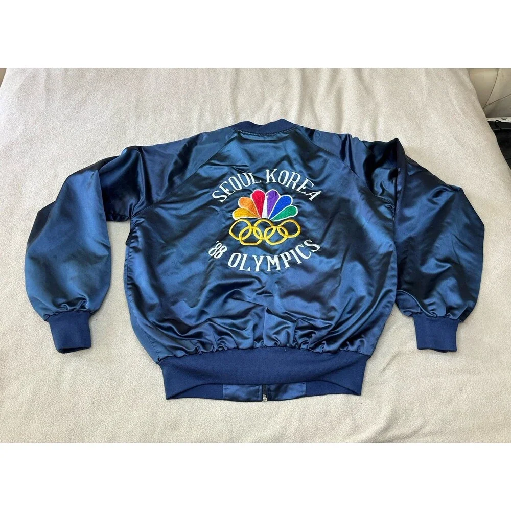 Vintage 1988 Seoul Korea Olympics Full Zip Blue Satin Bomber Jacket Size XL